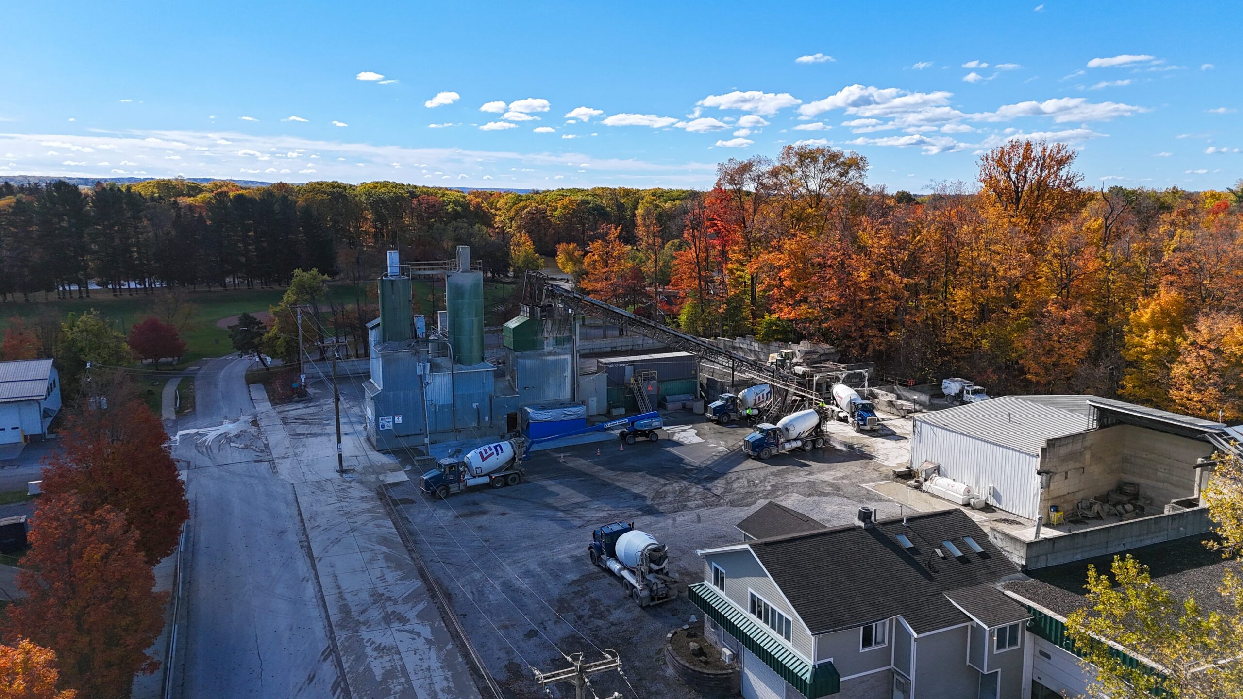 A bird's-eye view of a United Materials concrete plant in the fall in Orchard Park, Buffalo, Western New York.